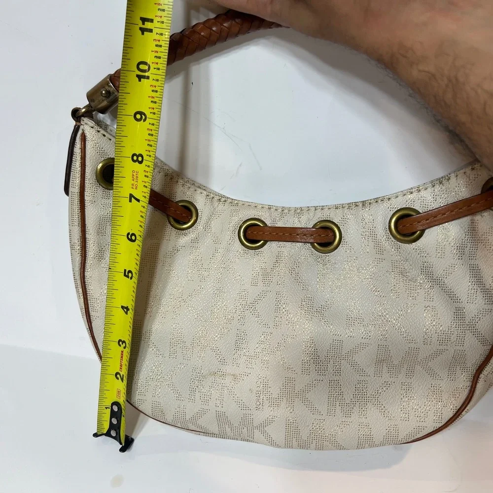 Michael Kors Signature MK Monogram Hobo Bag Cream Gold Braided Leather Handle